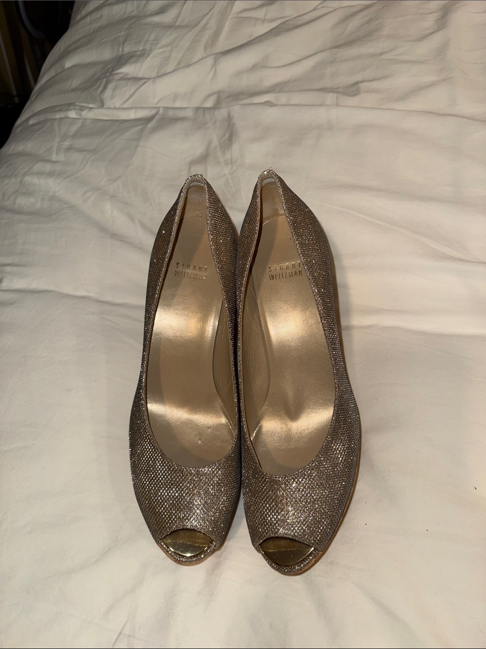 Stuart Weitzman Sparkling Gold Open-Toe Pumps